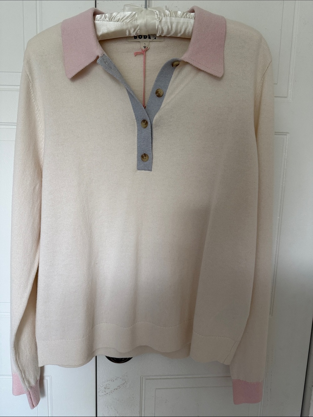 Boden Cream Knit Polo Sweater with Pink Collar and Cuffs size large